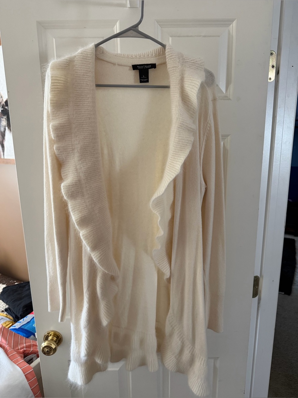 White House Black Market Cream Ruffle-Trim Open Cardigan